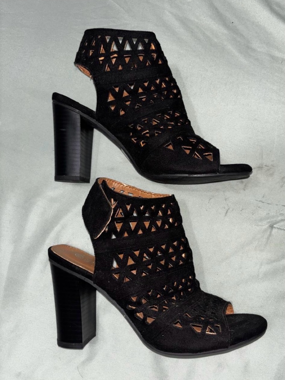 Black Laser-Cut Block Heel Sandals size 8.5